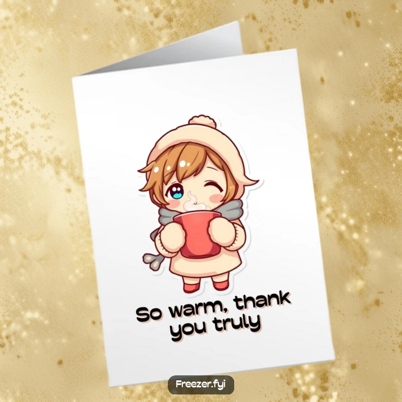 Free Printable Thank You Card: Cozy character in mittens holding a steaming mug, a warm and thankful downloadable.