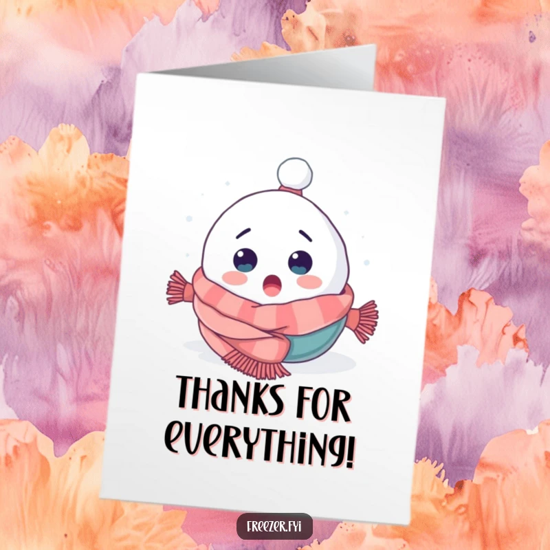 Funny Free Printable Thank You Card: Surprised snowball character tumbling into a scarf, expressing cozy thanks.