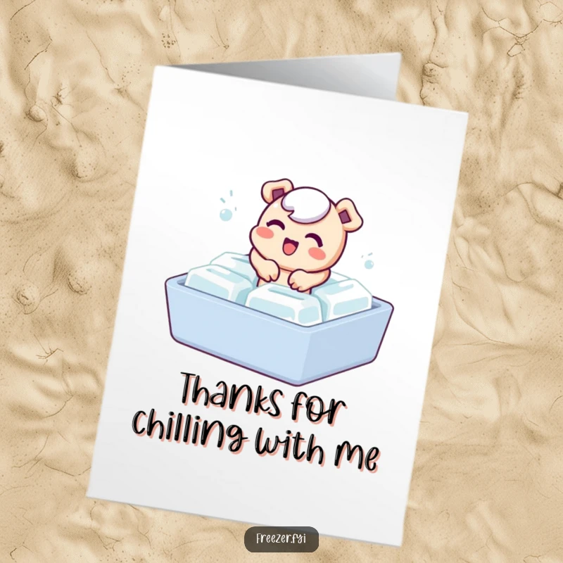 Funny Free Printable Thank You Card: A bubbly character playfully escaping an ice cube tray, perfect for expressing cool gratitude and appreciation.