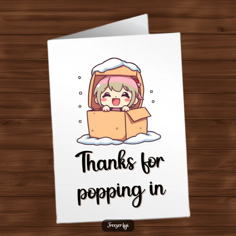 Funny Free Printable Thank You Card: Character joyfully popping out of a frozen box, a perfect downloadable gift.
