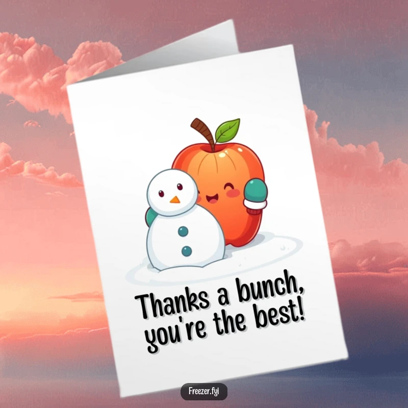 Funny Free Printable Thank You Card: Charming apple in mittens trying to build a snowy friend