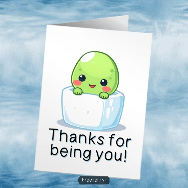 Funny Free Printable Thank You Card with a smiling pea character peeking out from a tiny ice cube.
