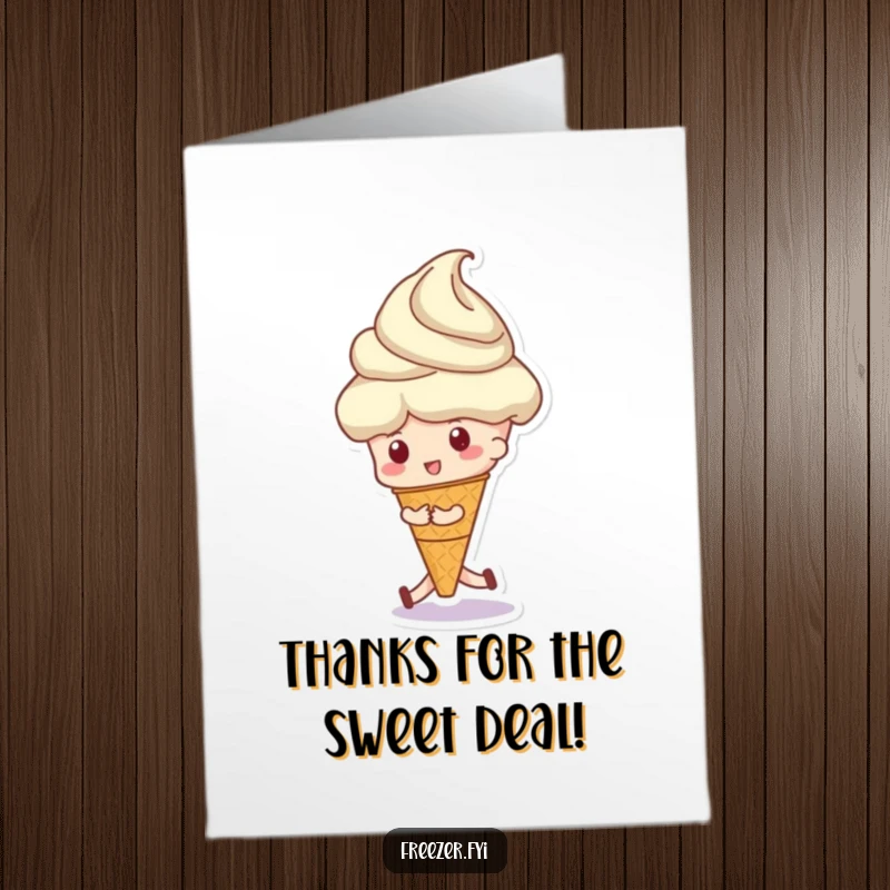 Funny Free Printable Thank You Card: A cheerful character playfully maneuvers a giant ice cream scoop, offering a sweet thank you.