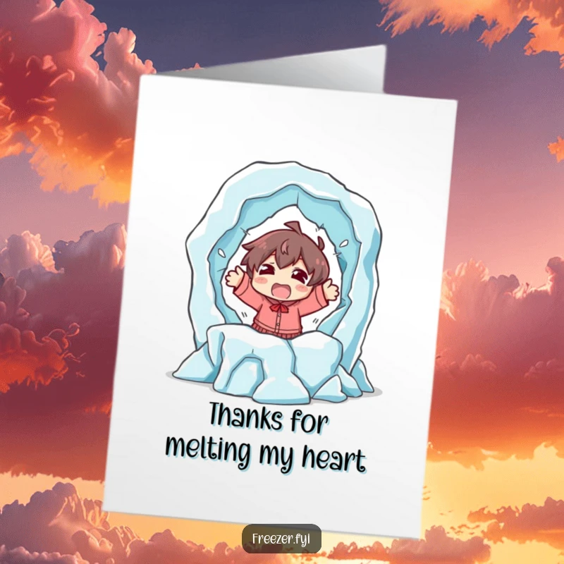 Funny Free Printable Thank You Card: Character in shock, escaping a melting ice sculpture, a humorous and thankful downloadable.