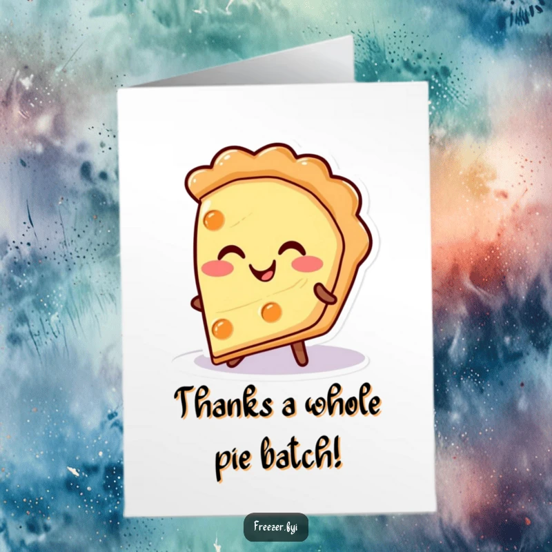 Funny Free Printable Thank You Card: A smiling pie slice character radiating warmth from a cold background.