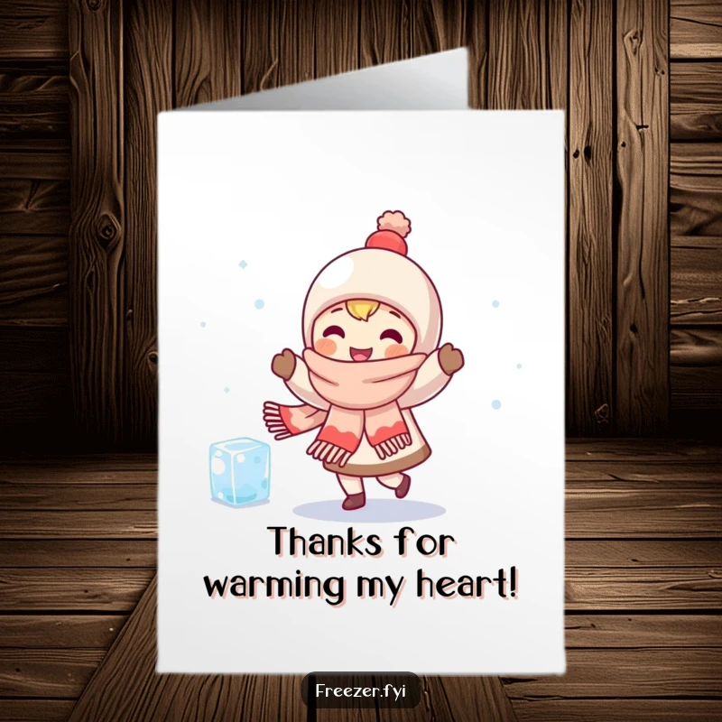 Funny Free Printable Thank You Card: Character in scarf happily dancing with a shivering ice cube. Humorous thanks.