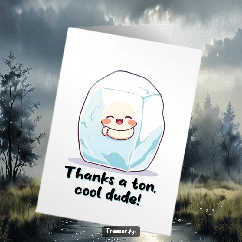 Funny free printable thank you card: a small, round character hugging a massive ice cube with a happy expression.