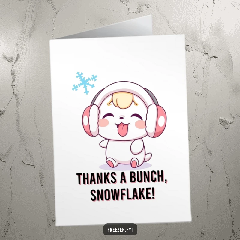 Funny Free Printable Thank You Card: Character wearing earmuffs, sticking tongue out at snowflake. Humorous gratitude message.