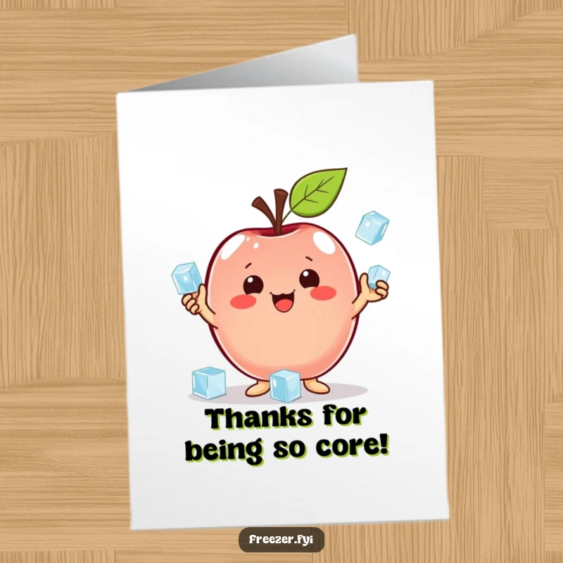 Free Printable Thank You Card: A proud apple character juggles ice cubes, offering thanks.