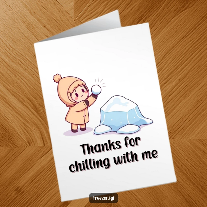 Funny Free Printable Thank You Card: Character Launching a Snowball at a Floating Ice Chunk, Playful Expression of Thanks