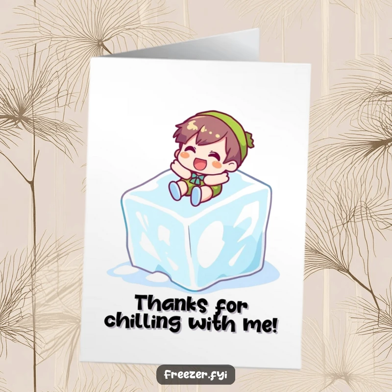 Funny Free Printable Thank You Card: Character gleefully slides down a giant ice cube, offering a cool and downloadable thank you.