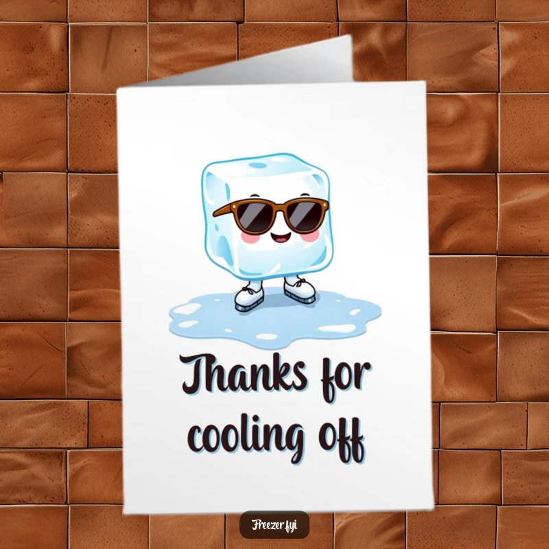 Funny Free Printable Ice Cube Thank You Card: A cheerful ice cube in sunglasses skates on a puddle.