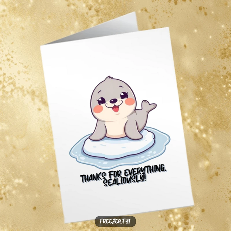 Funny Free Printable Thank You Card: Playful seal sliding with glee, expressing heartfelt thanks.