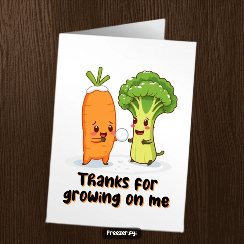 Funny Free Printable thank you card: a cheerful carrot having a snowball fight with bewildered broccoli, a unique way to say thanks.