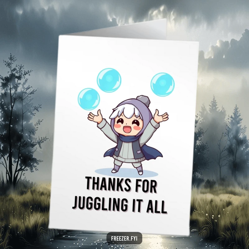 Funny Free Printable Thank You Card: character juggles glowing ice orbs, a mesmerizing and humorous downloadable art for thanks.