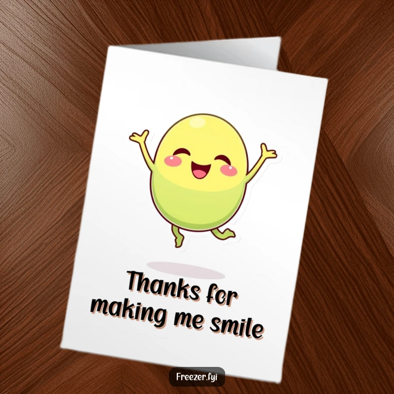 Funny Free Printable Thank You Card: A happy pea pod character in a dynamic, silly jumping pose for a fun greeting.