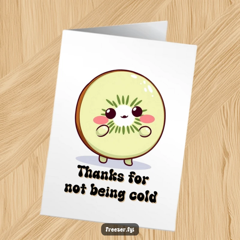 Funny Free Printable Thank You Card: Cute kiwi slice character shrugging playfully in the cold, expressing thanks with a humorous twist, DIY.