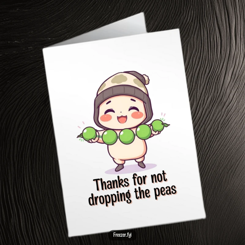Funny Free Printable Thank You Card: Chef Character Juggling Three Peas with a Smile, Whimsical Culinary Thanks