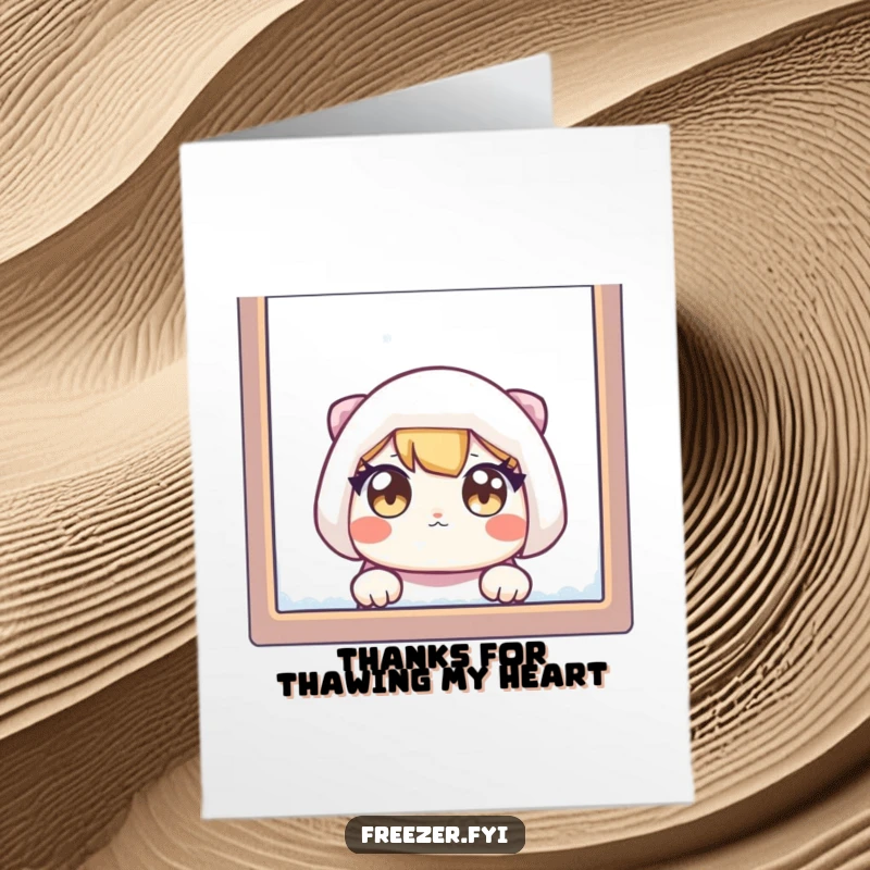 Funny Free Printable Thank You Card: Wide-eyed character peeking through a frosty window, conveying thanks.