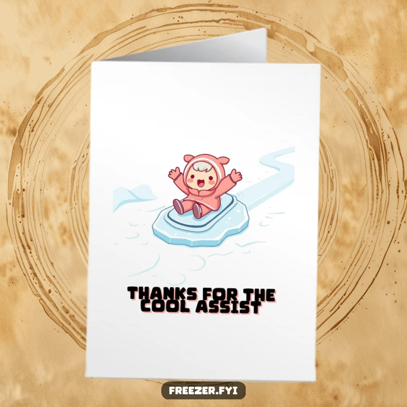 Funny Free Printable Thank You Card: Character sliding with joy on ice, a great downloadable gift.