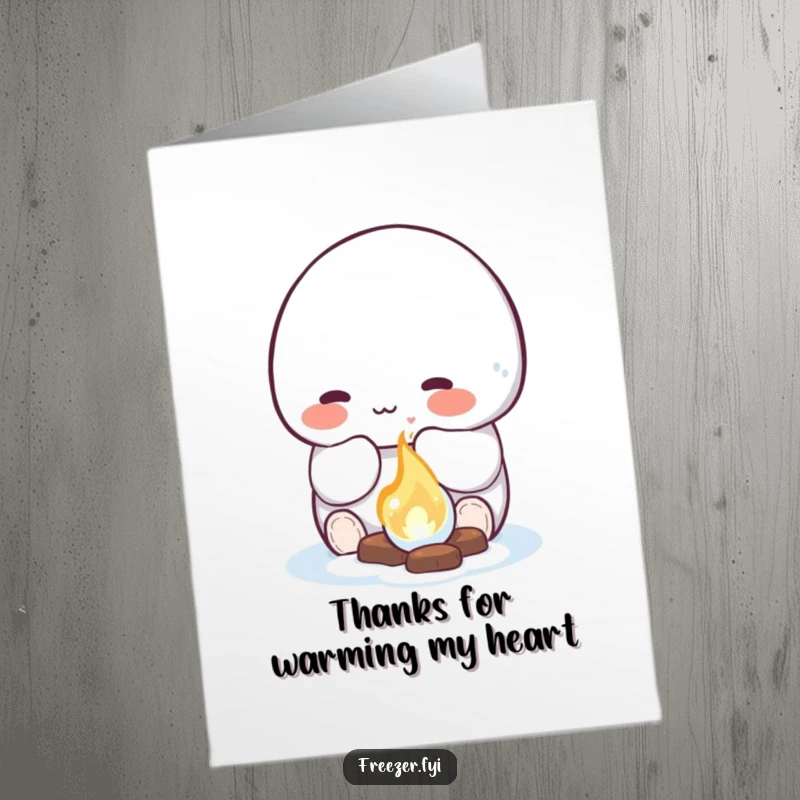 Funny Free Printable Thank You Card: character happily warms hands by ice fire, a cozy and humorous downloadable art for thanks.