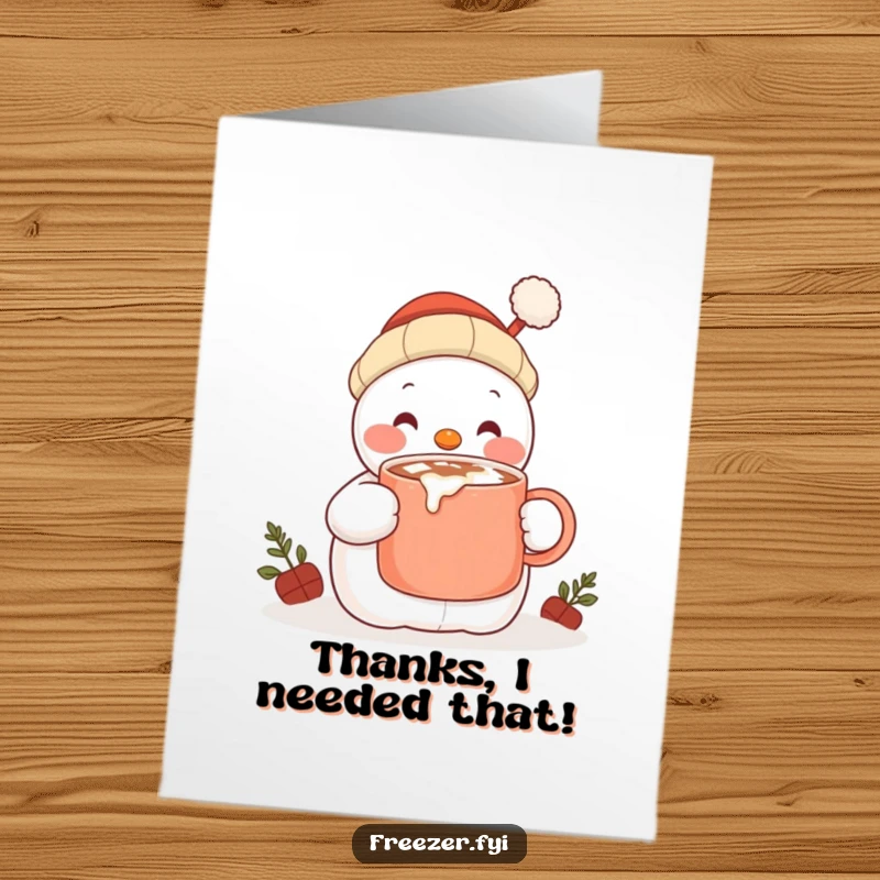 Funny Free Printable Thank You Card: Content snowman character happily sipping hot cocoa, sending warm thanks.