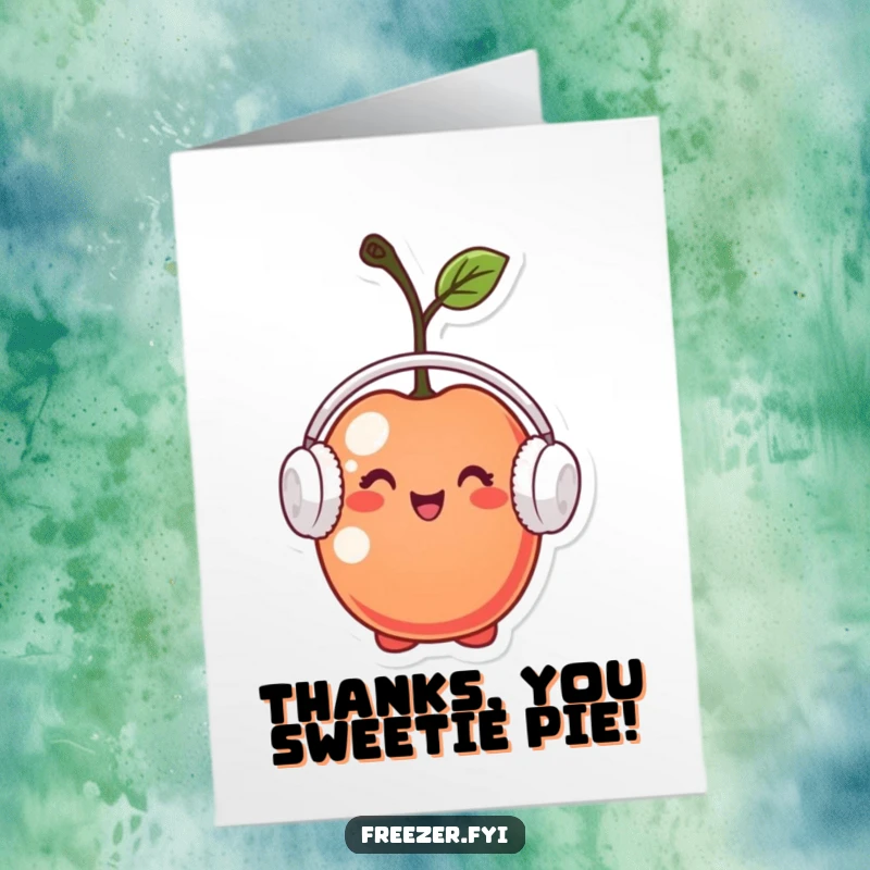 Funny Free Printable Thank You Card: A tiny cherry character wearing earmuffs, looking pleased and offering warm, cozy thanks.
