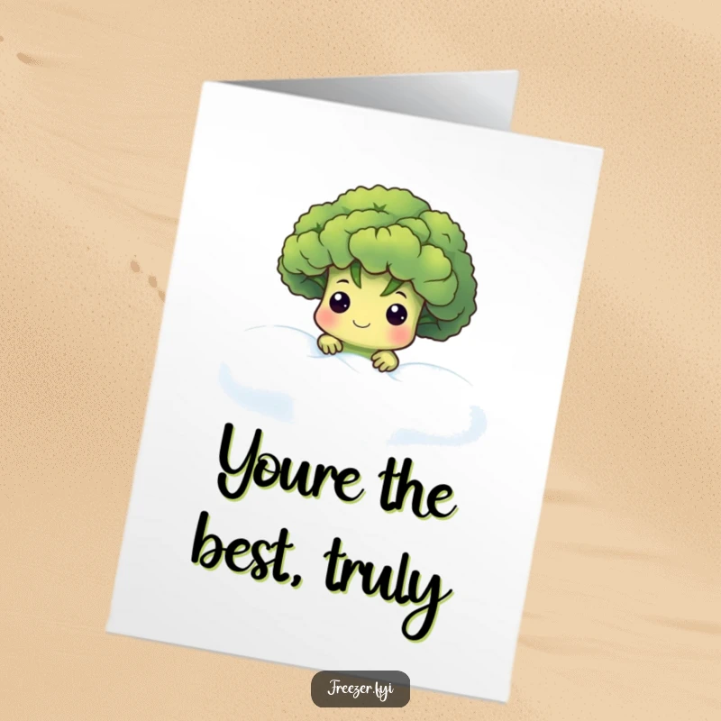 Funny Free Printable Thank You Card: Adorable broccoli floret peeking from frosty fog, offering cool and sweet thanks.
