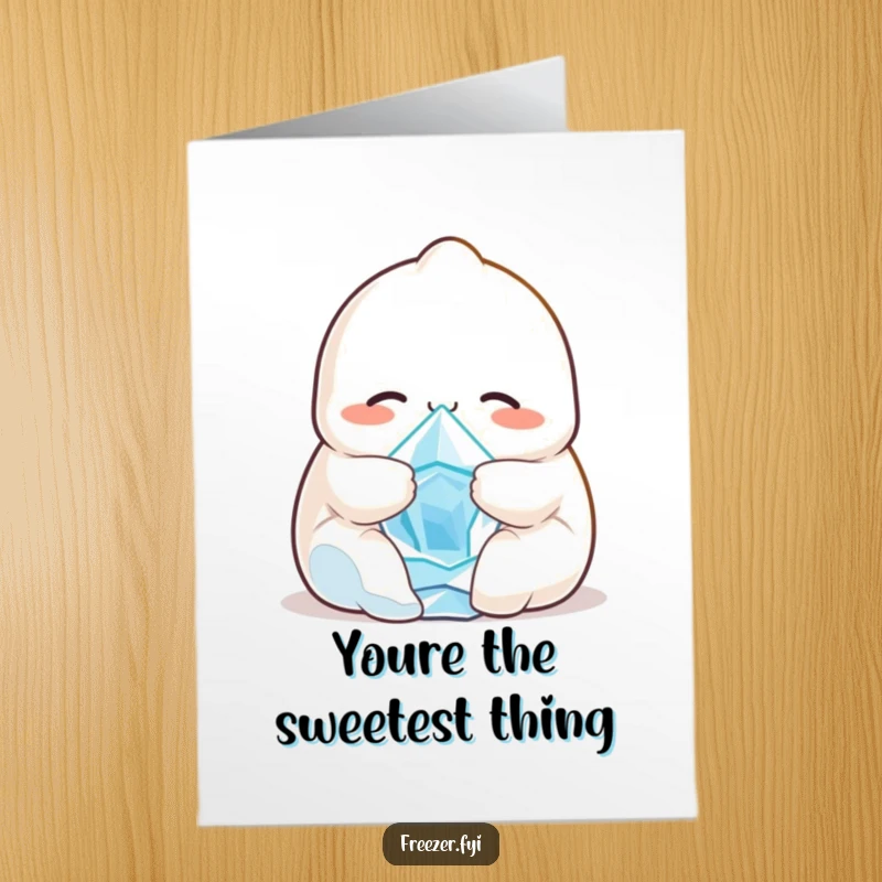 Funny Free Printable Thank You Card: A happy dumpling character cuddling a tiny ice crystal, conveying heartfelt and warm thanks.