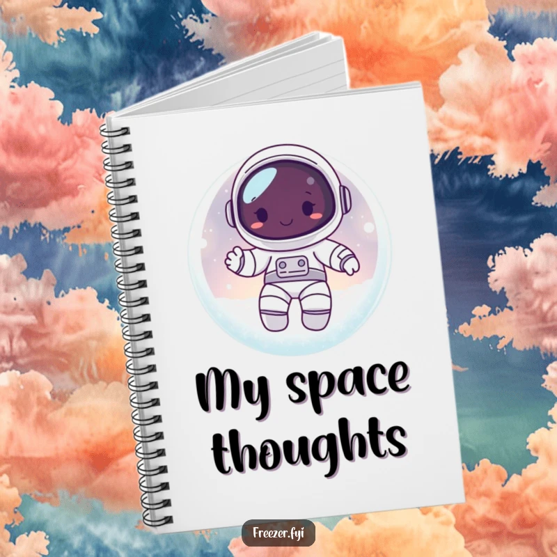 Funny notebook featuring a happy astronaut character floating inside a frosty, glowing orb, perfect for recording stellar ideas.