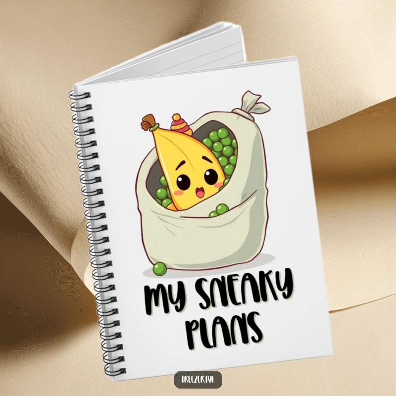 Funny notebook with a surprised banana wearing a tiny hat, peeking from behind a giant bag of peas, for notes.