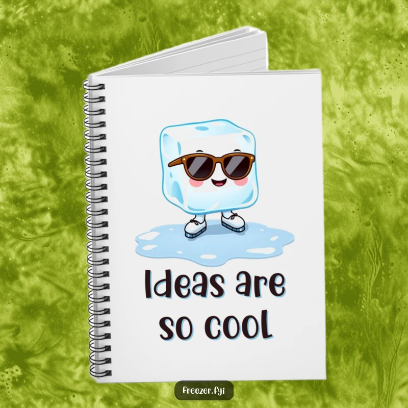 Funny ice cube notebook with a cheerful ice cube wearing sunglasses, ice-skating on a puddle, cool summer stationery gift.