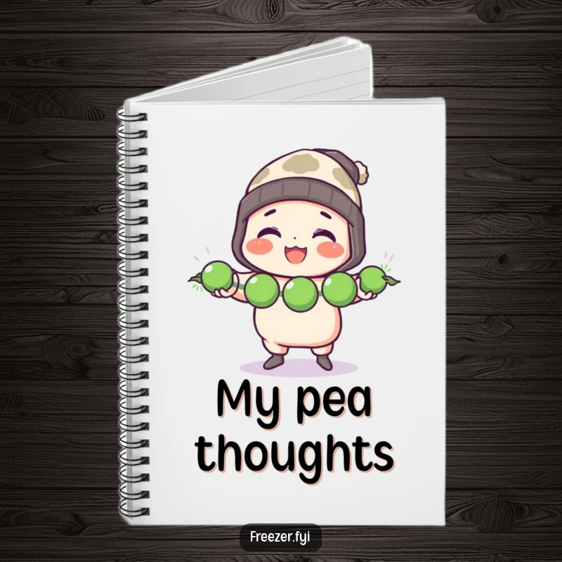 Funny notebook with a character in a toque cheerfully juggling three frozen peas, ideal for jotting down culinary ideas.