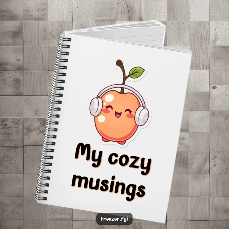 Funny notebook depicting a tiny cherry character wearing miniature earmuffs, looking pleased, perfect for jotting down notes with a warm, humorous theme.