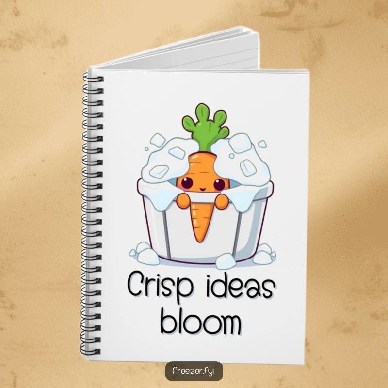 Funny curious carrot character peeking from an ice bin on the cover of a fun, quirky notebook.