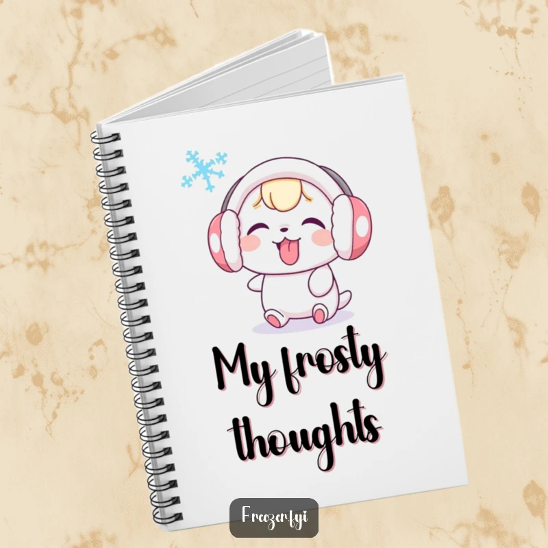 Funny notebook with a cute character in earmuffs, playfully sticking its tongue out at a swirling snowflake, for jotting down humorous thoughts.