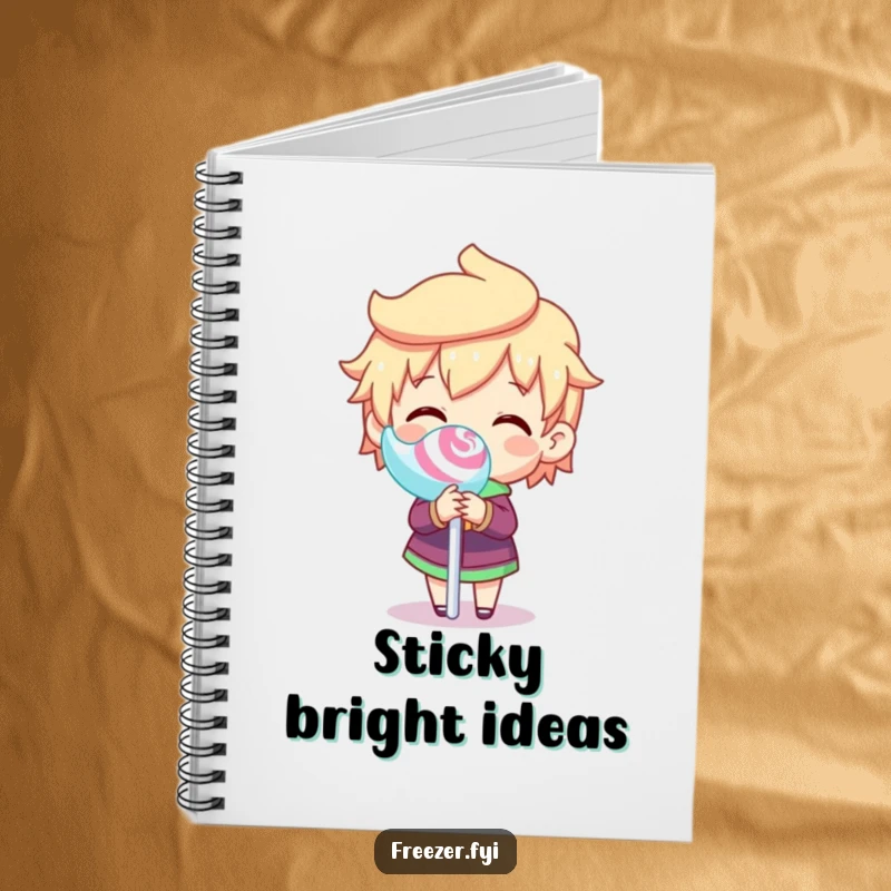 Funny notebook with a character joyfully spinning a frozen lollipop stick, designed for jotting notes with a humorous and sweet vibe.