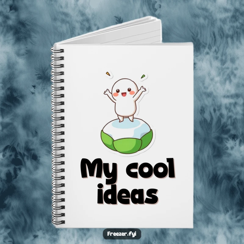 Funny notebook cover showcasing a character joyfully dancing on a single frozen pea, great for jotting notes with humor.