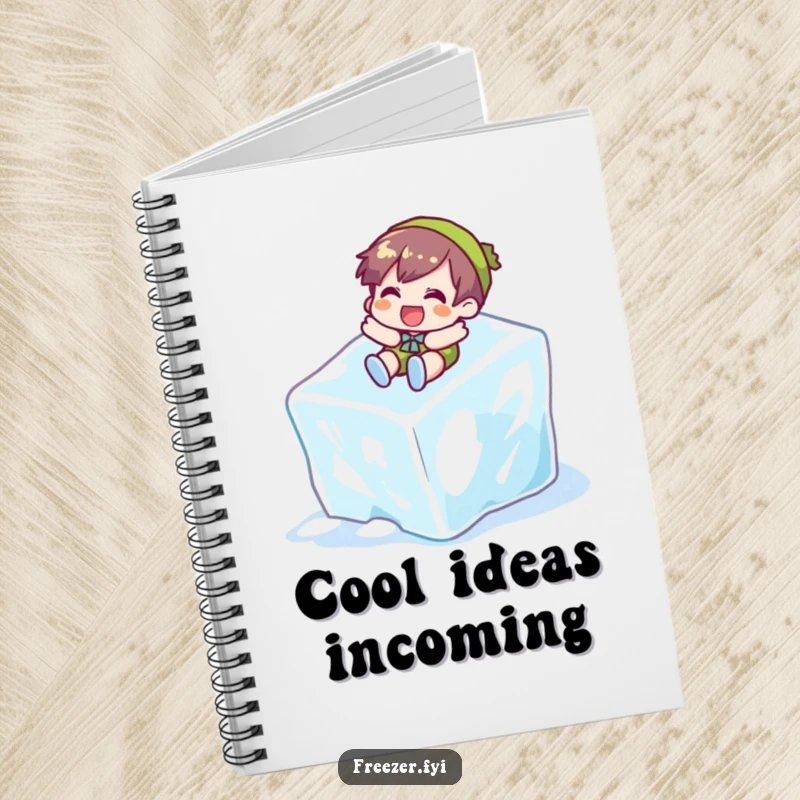 Funny notebook featuring a character gleefully sliding down a giant ice cube, designed for jotting down notes with a cool flair.