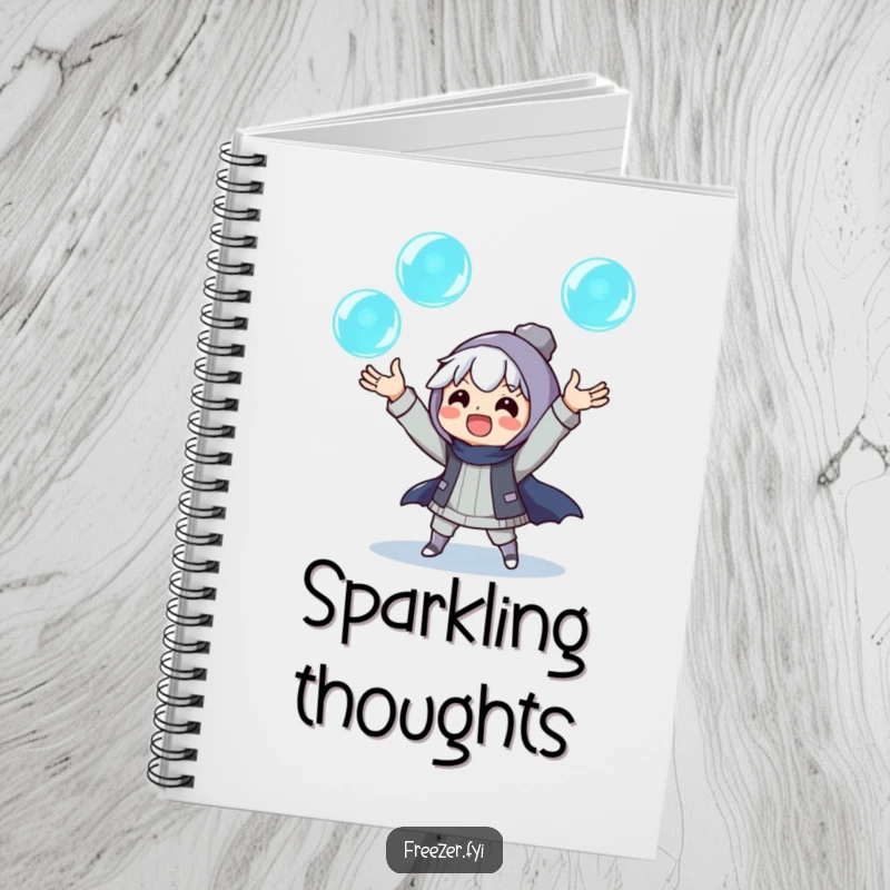Funny notebook featuring an excited character juggling three glowing ice orbs, ideal for jotting down ideas with a magical touch.