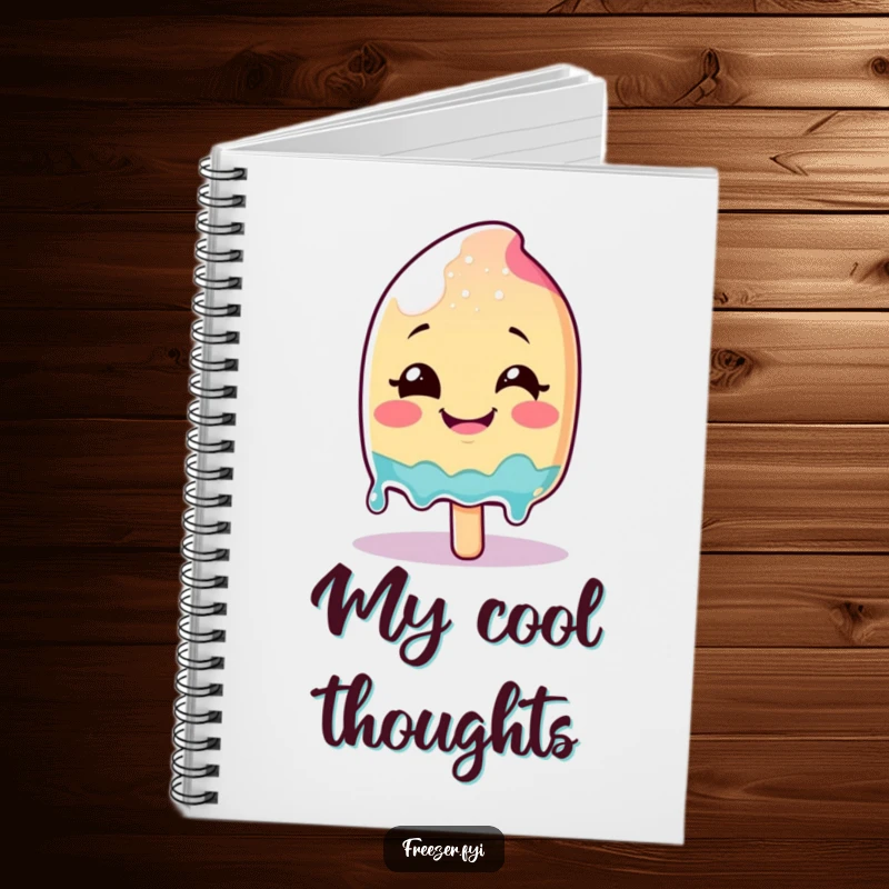 Funny smiling popsicle character melting with glee on the cover of a fun summer-themed notebook.