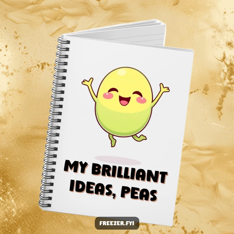 Funny pea pod notebook with a cheerful character in a silly, energetic jumping pose, ready for notes.