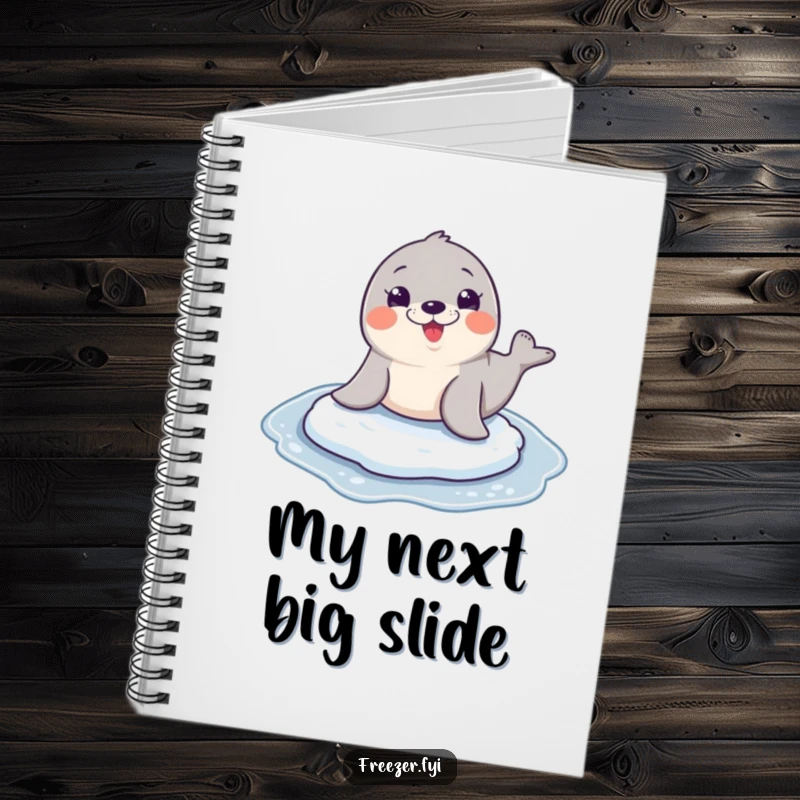 Funny seal character mid-slide with a huge grin, captured on the cover of a humorous notebook.