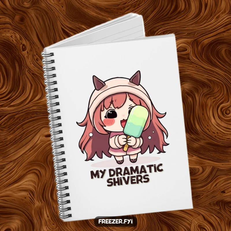 Funny notebook with a character with rosy cheeks, shivering dramatically while holding a small popsicle, for jotting down dramatic thoughts.