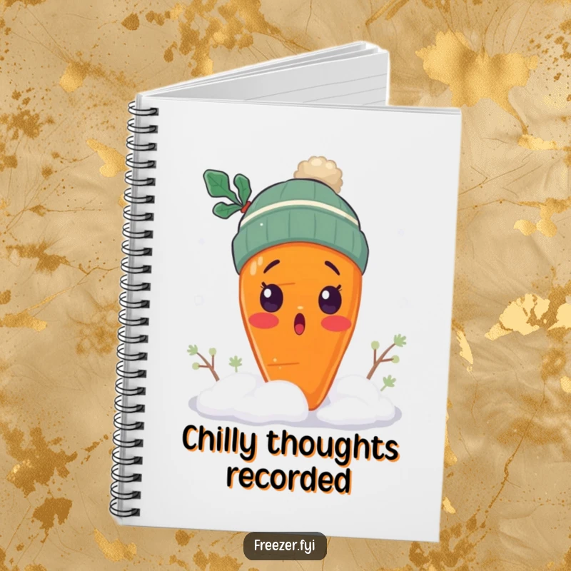 Funny surprised carrot notebook with a carrot wearing a tiny winter hat, shivering in snow, wintry stationery gift.