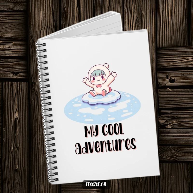 Funny notebook cover art of a character playfully sliding on a frozen puddle, arms outstretched, inspiring creative and humorous entries.