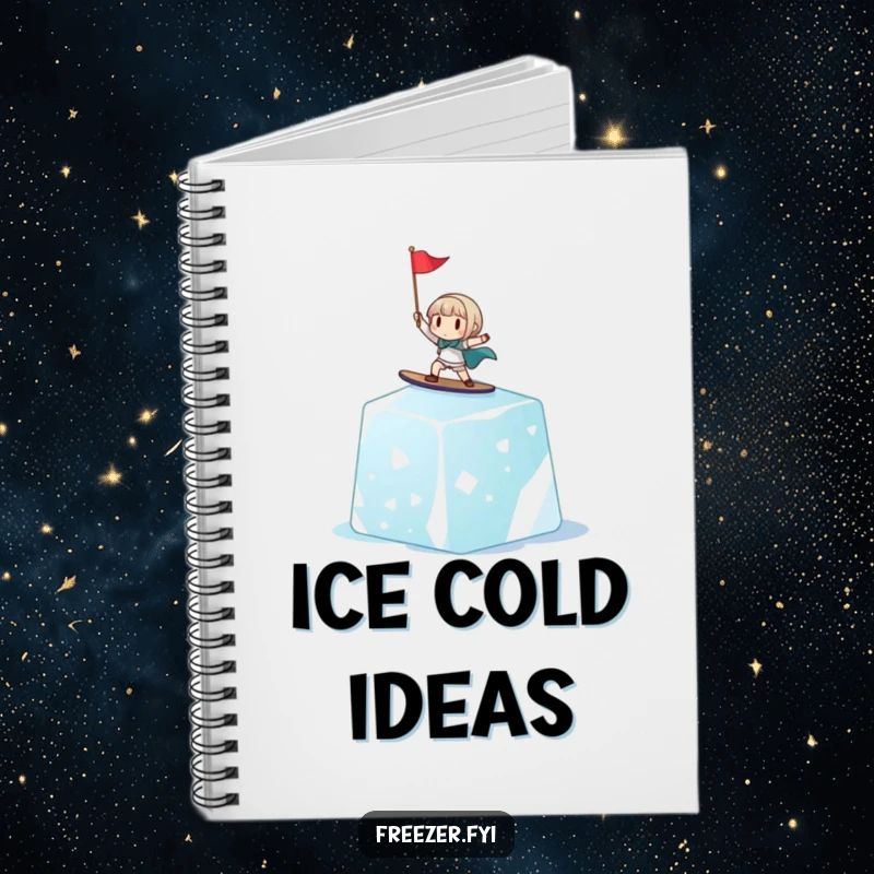 Funny notebook with a cheerful tiny character surfing a giant ice cube, holding a small flag, perfect for jotting down ideas with a humorous touch.