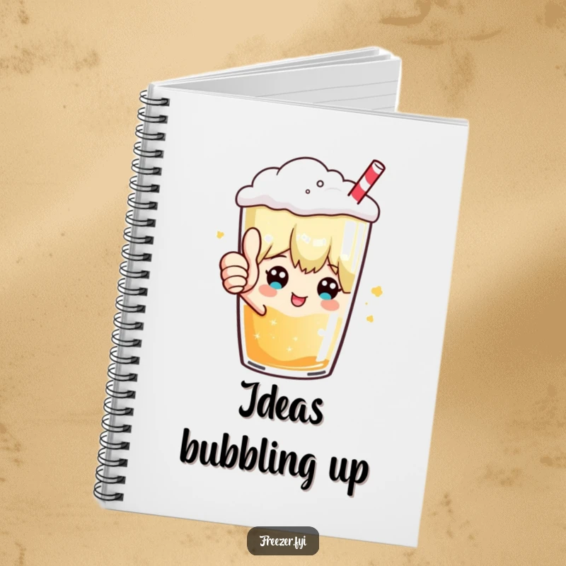 Funny notebook with a character giving a thumbs up from inside a frosty beverage, designed for jotting notes with a humorous and positive vibe.