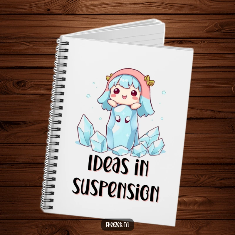 Funny notebook depicting a character happily floating among ice crystals. Hilarious stationery for capturing serene winter thoughts.