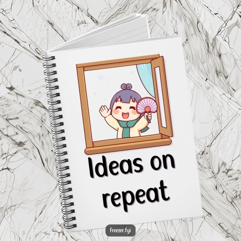 Funny notebook depicting a character enthusiastically fanning a small fan at a frosty window. Hilarious stationery for capturing winter efforts.